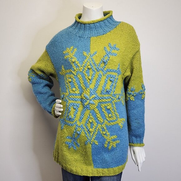 Vtg 90s Express Tricot Womens Oversized S 100% Wool Snowflake Apres Ski Sweater - Picture 2 of 8